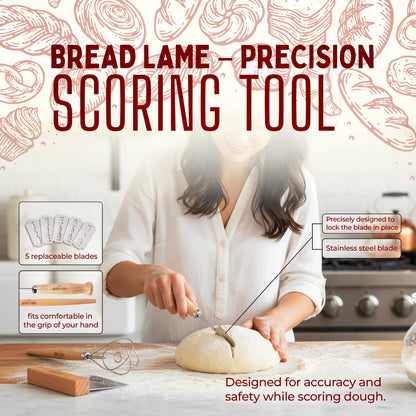 Danish Dough Whisk Set – Wooden Scraper & Lame Scoring Tool | Sourdough Whisk & Mixing Tool Kit | Bread Utensils for Homemade Bread, Pizza, Pastry | Stainless Steel & Wood