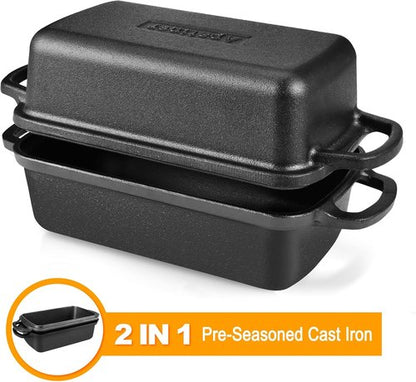Cast Iron Bread Pan with Lid by [Brand Name] - 2 in 1 Loaf Bakeware for Sourdough & Sandwich Bread - 9×5 Inch Heavy Duty Design