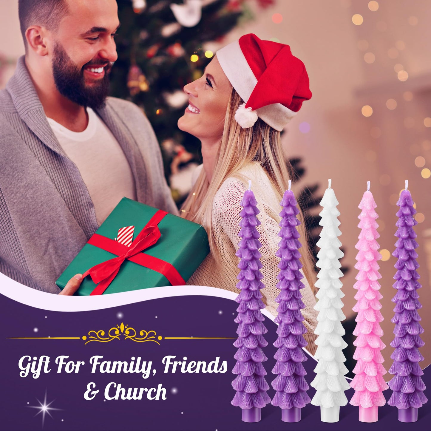 Enhon 5 Pcs Advent Candles Set, 10 Inch Tree Shaped Taper Candles, Unscented Beeswax Christmas Advent Wreath Candle for Xmas, Holiday, Church, Party, or Home Decor (Purple,Pink,White Style)