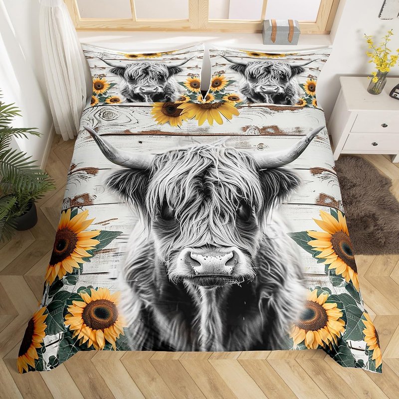 Highland Cow Bedding Set Kids Farm Highland Cattle Comforter Cover Set for Girls Women Sunflower Farmhouse Style Duvet Cover King Size Breathable Wood Grain Bedspread Cover Room Decor Quilt Cover