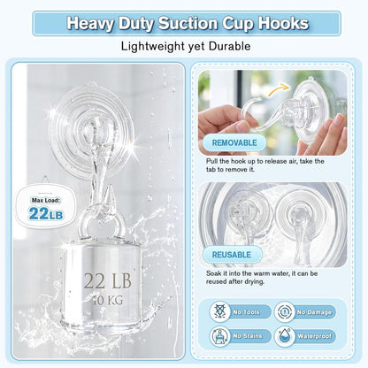 VIS'V Large Suction Cup Hooks with Wipes, Heavy Duty, Removable and Reusable, Clear, 5 Pcs