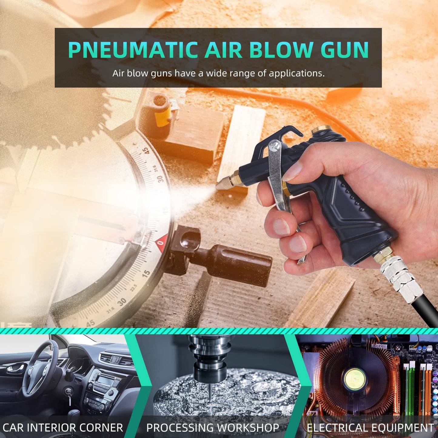 Industrial Air Blow Gun with Brass Adjustable Air Flow Nozzle, Universal hose and 2 Steel Air flow Extension. Pneumatic Air Compressor Accessory Tool Dust Cleaning Air Blower Gun. (2pcs)