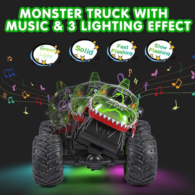 DYODYORC Remote Control Car 2.4Ghz All Terrain Dinosaur Monster Truck Toys RC Truck with Music 3 Lighting Effects 360 Stunt Capable 2 Batteries Ready to Run Toy Gifts for Boys and Girls (Green)