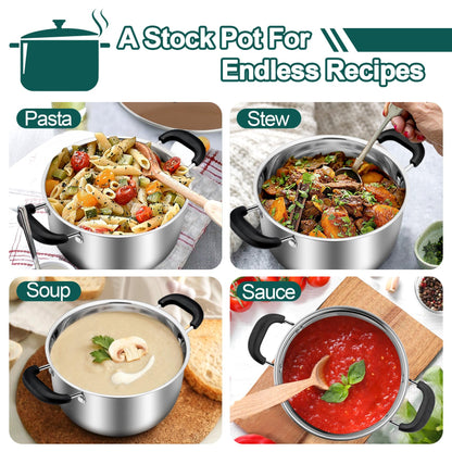 TeamFar 3 Quart Stock Pot, Stainless Steel Stock Pasta Soup Pot with Lid, Tempered Glass Lid & Double Heat-Proof Handles, Non-Toxic & Healthy, Heavy Duty & Dishwasher Safe