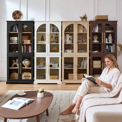 Joaxswe 72" Tall Bookshelf with 4 Curved Glass Doors, Farmhouse Bookcase with 3-Tier Adjustable Shelves, Modern Living Room Display Cabinet, Large Storage Cabinet for Home Office,Dining Room, Walnut