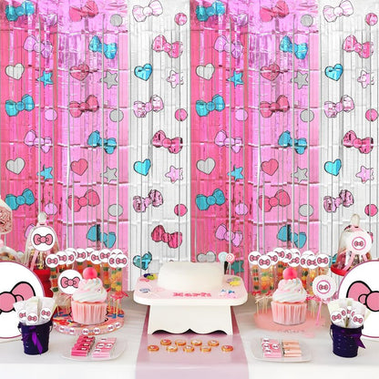 Bupelo Kawaii Birthday Decorations, 2 Pack Cartoon Cat Theme Party Supplies, 3.3 x 6.6ft Tinsel Foil Fringe Curtains, Bow Photo Booth Props, Backdrop Streamers, Perfect Room & Doorway Decor for Girls