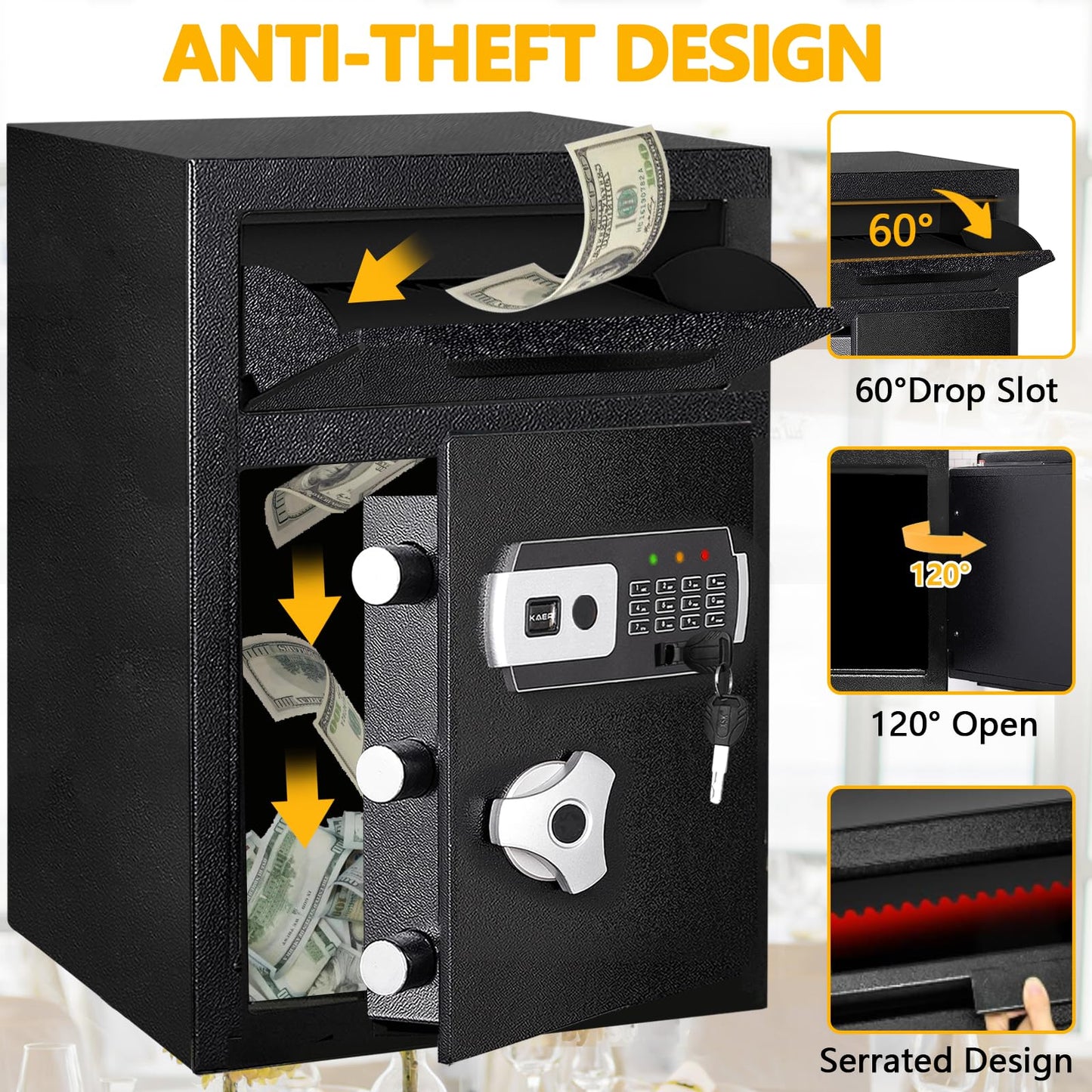 2.8 CUB Depository Drop Safe Fireproof, Front Drop Slot Lock Box with Digital Combination and Anti-Fishing, Silent Deposit Safe Box, Security Money Safe for Cash Slips Expense Business Office Home