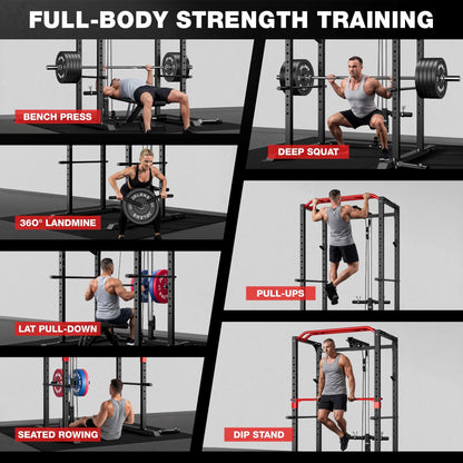JELENS S11 Power Cage, 2000LB Multi-Function Power Rack with LAT Pulldown, Squat Rack with Adjustable Pulley System and Training Attachments, Weight Rack for Home Gym (370LB Black Weights Package)