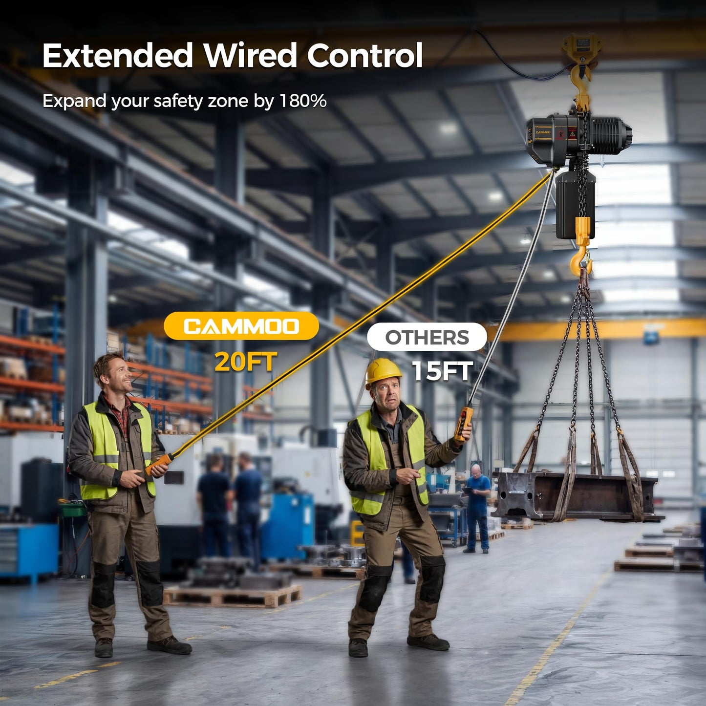 CAMMOO Electric Chain Hoist, 2200 lbs Load, 20 ft Lifting Height, Extended 492 ft Wireless & 20 ft Wired Remote Control, Brushless Copper Motor, DT Carburized Chain, IP65 for Warehouse, Construction