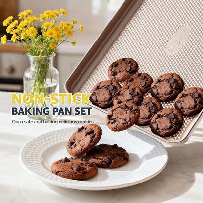 3Pcs Nonstick Baking Sheet Pan Set by [Brand Name] - Heavy Duty Carbon Steel | Gold Jelly Roll Pans