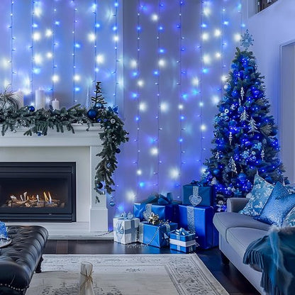 JMEXSUSS 300LED Christmas Curtain Lights Plug in with Remote, Blue and White Christmas Lights Indoor Outdoor, 8 Modes Hanging Fairy String Lights for Bedroom Window Wall Yard Patio Decor, 9.8x9.8ft