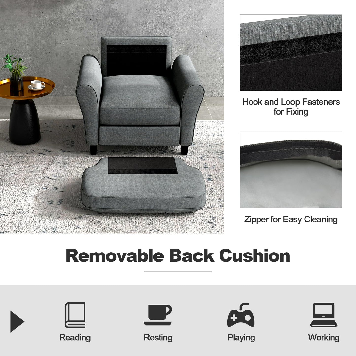 Giantex Modern Mid-Century Accent Chair - Linen Living Room Chair with Tufted Back, 7" Thick Cushion, Max Load 400 lbs, Upholstered Armchair with Non-Slip Foot Pads, Club Chair for Bedroom, Grey