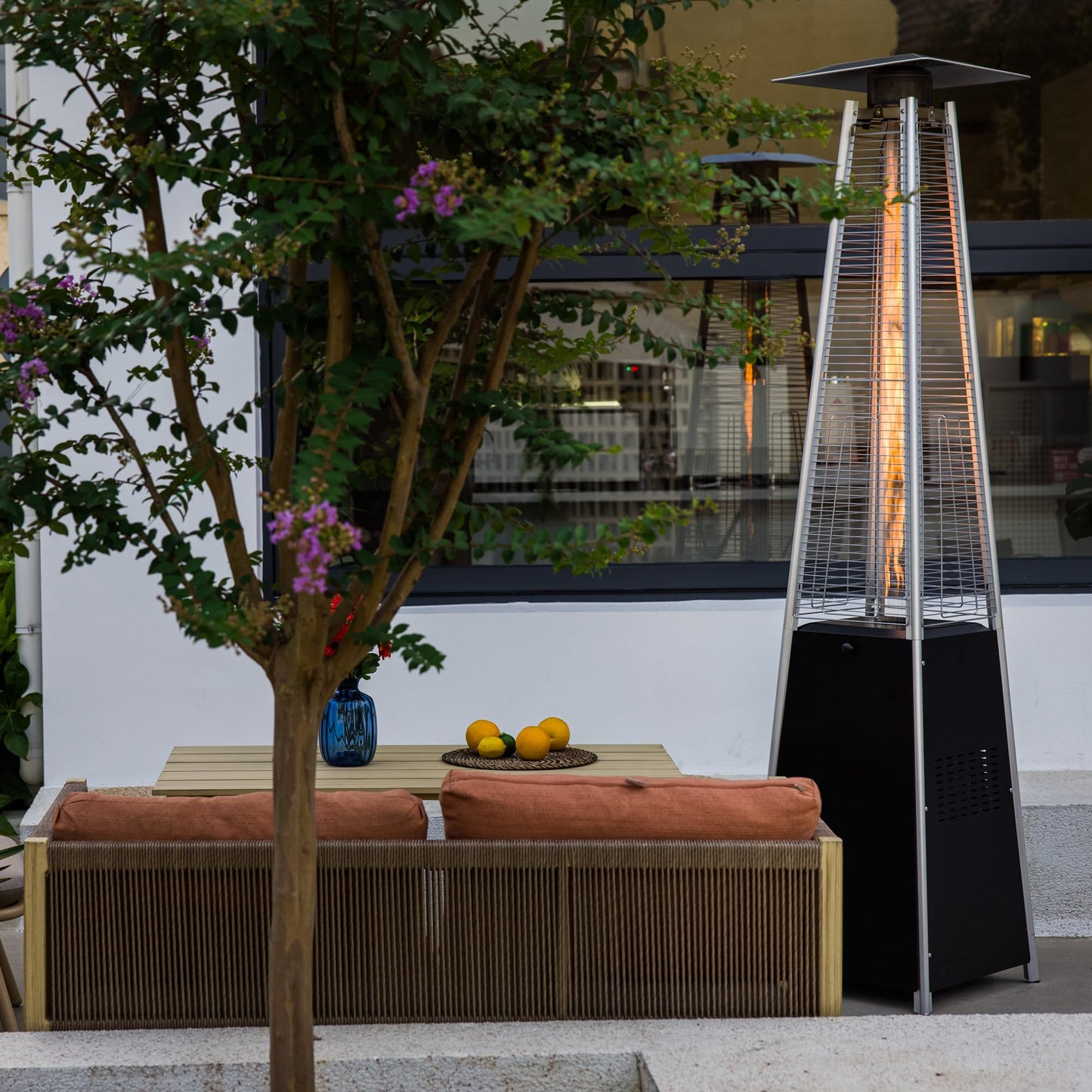 Pyramid Patio Heater,48,000 BTU Outdoor Propane Heater with Glass Tube, Propane Tall Tower Design with Wheels & One-Button Ignition for Backyard, Deck, and Commercial Use