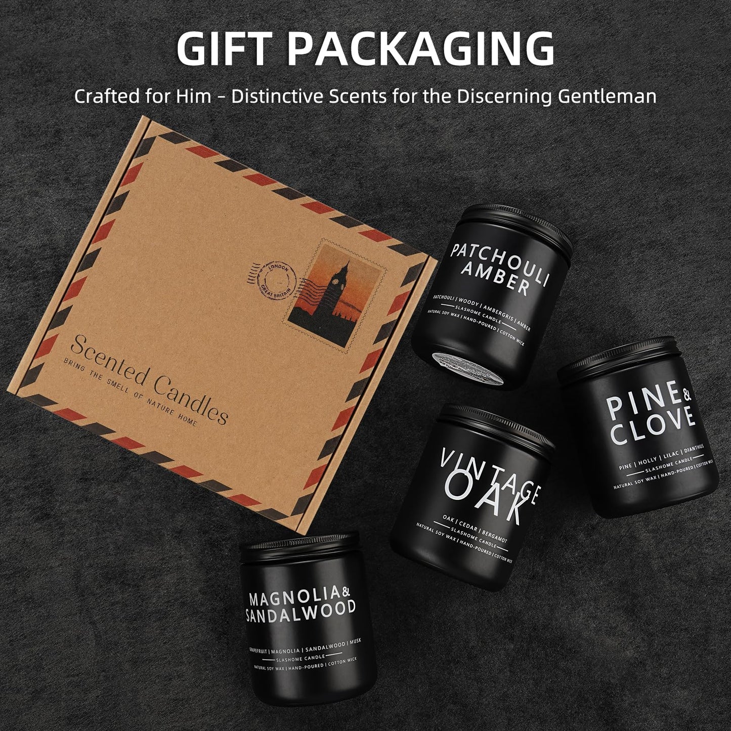 Candles for Men, 4 Pack Scented Candles, Gifts for Father Dad Day, 50 Hours Long Burning Soy Candles for Home Scented (Pine/Sandalwood/Patchouli/Oak)