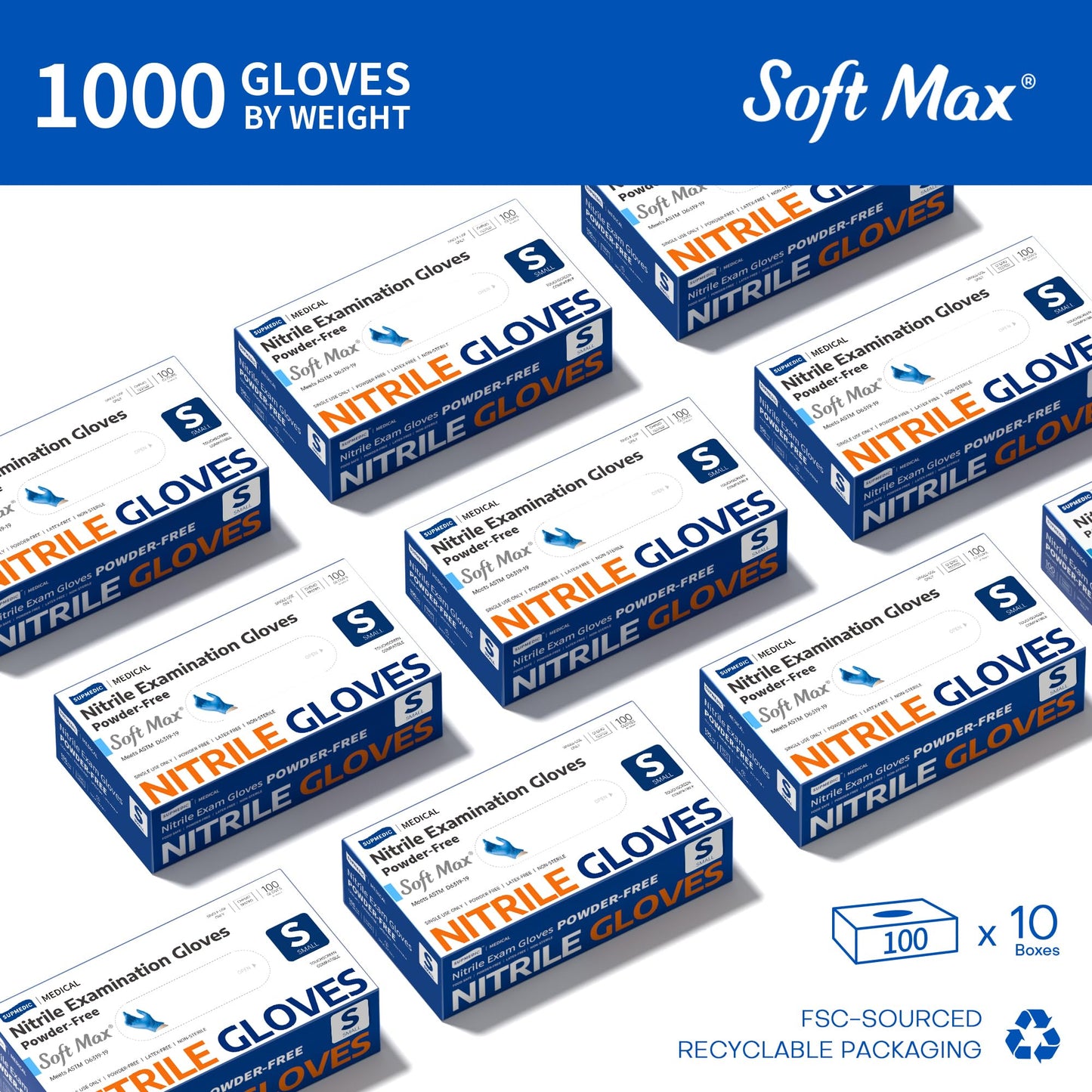 Supmedic Nitrile Exam Glove, 3.5 mil Disposable Medical Gloves Powder-Free Latex-Free Food Safe Cleaning Cooking,1000 pcs Blue (Small)