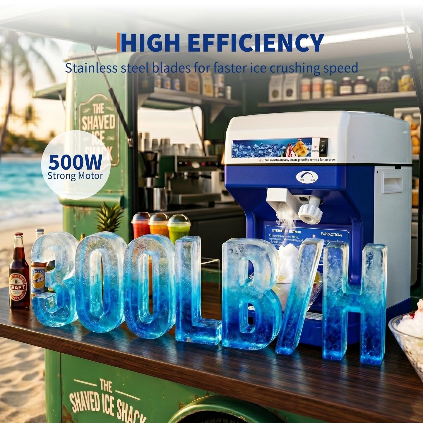 Garvee Commercial Ice Shaver Crusher 300LBS/H, 500W Electric Snow Cone Maker, 500RPM Tabletop Ice Shaving Machine with 4.41LBS Hopper & Stainless Steel Blade for Home, Parties, Snack Bars, Blue