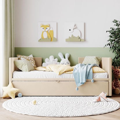 Merax Twin Size Upholstered Daybed Sofa Bed Frame with Extendable Trundle,Backrest and Two Armrests,for Bedroom,Beige Yellow