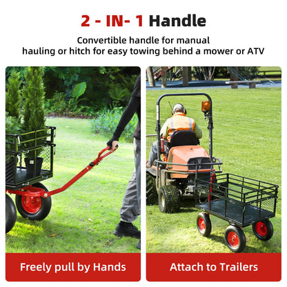 Garden Cart Steel Heavy Duty 1,400 LBS Yard and Garden Wagon with 16 Inch Tire and Adjustable Handle, Attach to ATV or Tractor, Black & Red
