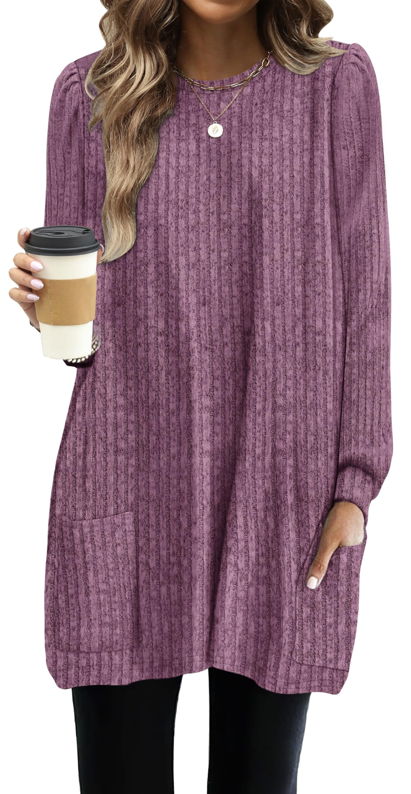 OFEEFAN Long Sleeve Shirts for Women Long Sweaters with Pockets Tunic Tops Loose Fit
