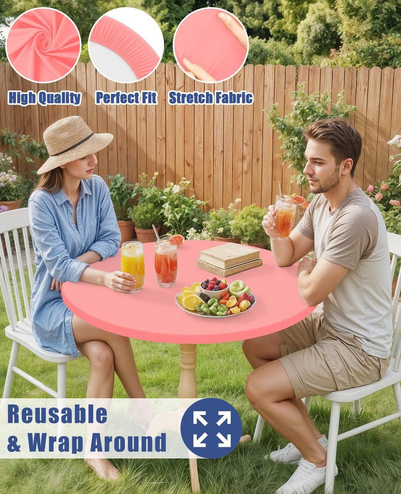 Moosfor Round Spandex Tablecloth, Elastic Fitted Waterproof Tablecloths for 36"-44" Tables, Stretch Washable Picnic Table Cover for Camping, Dining, Indoor and Outdoor,Coral Red