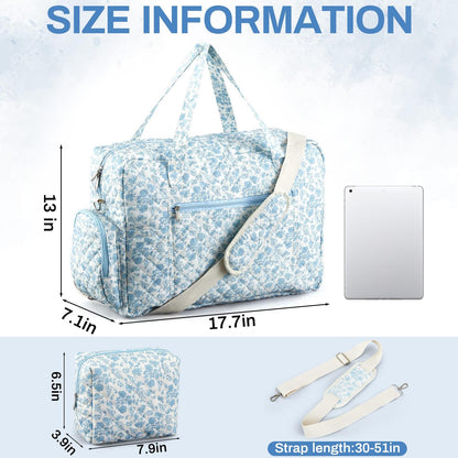 Abbylike 2 Pcs Large Quilted Duffle Bag Blue Floral Coquette Duffle Bag with Makeup Pouch Quilted Weekender Diaper Tote with Shoe Compartment for Women Travel Hospital