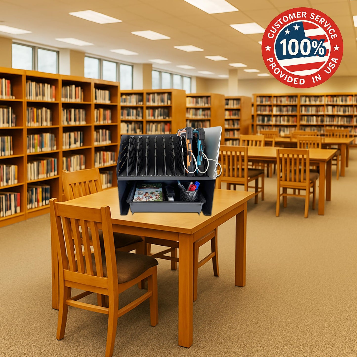 Plugsharge 10-Device Laptop & Tablet Charging Station with 6 AC Outlets & 4 Fast-Charging USB Ports, Charging Rack for Chromebooks, iPads & Devices Up to 15.6", Classroom, Office & Library Organizer