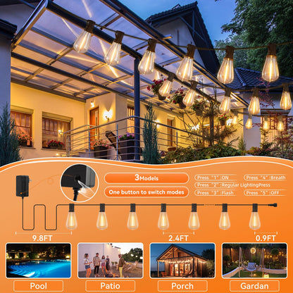 YOYONACY 100 FT Outdoor String Lights for Outside, IP65 Waterproof ST38 LED Shatterproof Bulbs, Dimmable & Timable, 3 Light Modes, Hanging Patio Edison Lights for Porch Backyard Cafe Bistro