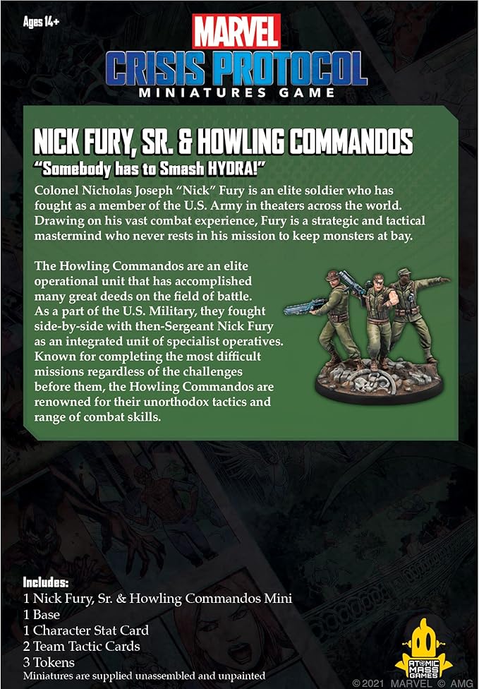 Marvel: Crisis Protocol Nick Fury Sr. &amp Howling Commandos Character Pack - Smash Hydra with This Elite Team! Tabletop Superhero Game Ages 14+ 2 Players 90 Min Playtime Made by Atomic Mass Gam