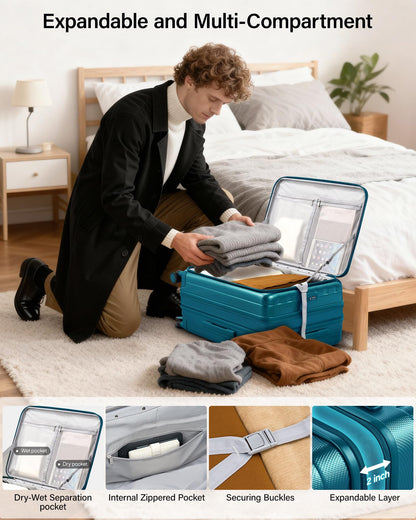 Hanke 26 Inch Expandable Luggage Top Opening Checked Bag Luggage Hard Shell Suitcases with Wheels Lightweight Travel Luggage Heavy Duty Luggage Suitcase with Lock for Woman Men-Caribbean Blue