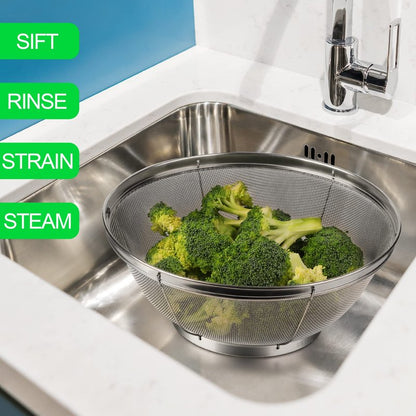 3 Pack Strainers for Kitchen, 18/8 Stainless Steel Colander, Fine Mesh Strainer for Pasta, Rice and Fruit, Sieve for Strain, Drain, Rinse or Steam (5-Quart, 4-Quart and 3-Quart)