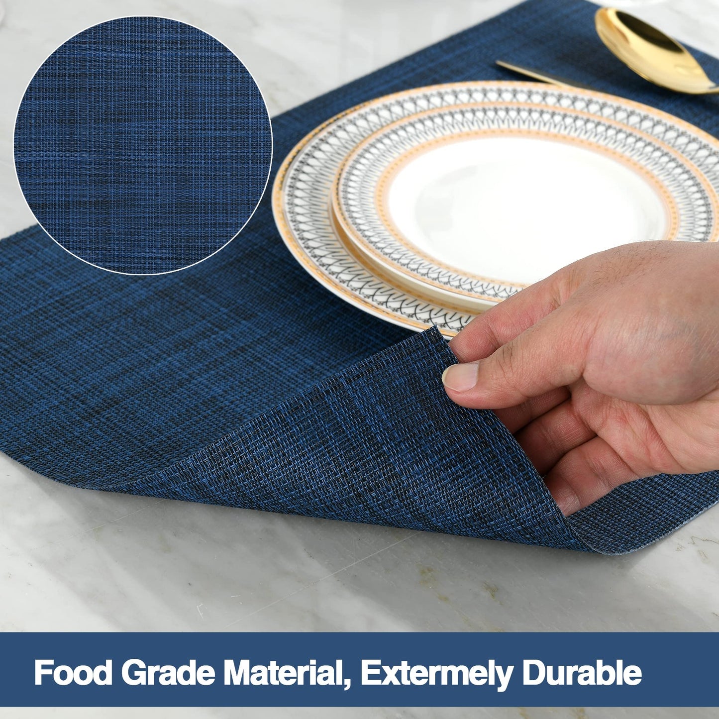 SLKQG Navy Blue Placemats Set of 8 - Easy Clean Washable Vinyl Placemats - Wipeable Heat Resistant Non-Slip Table Mats for Dining Table - 17x12 Inch (Navy Blue, 8)