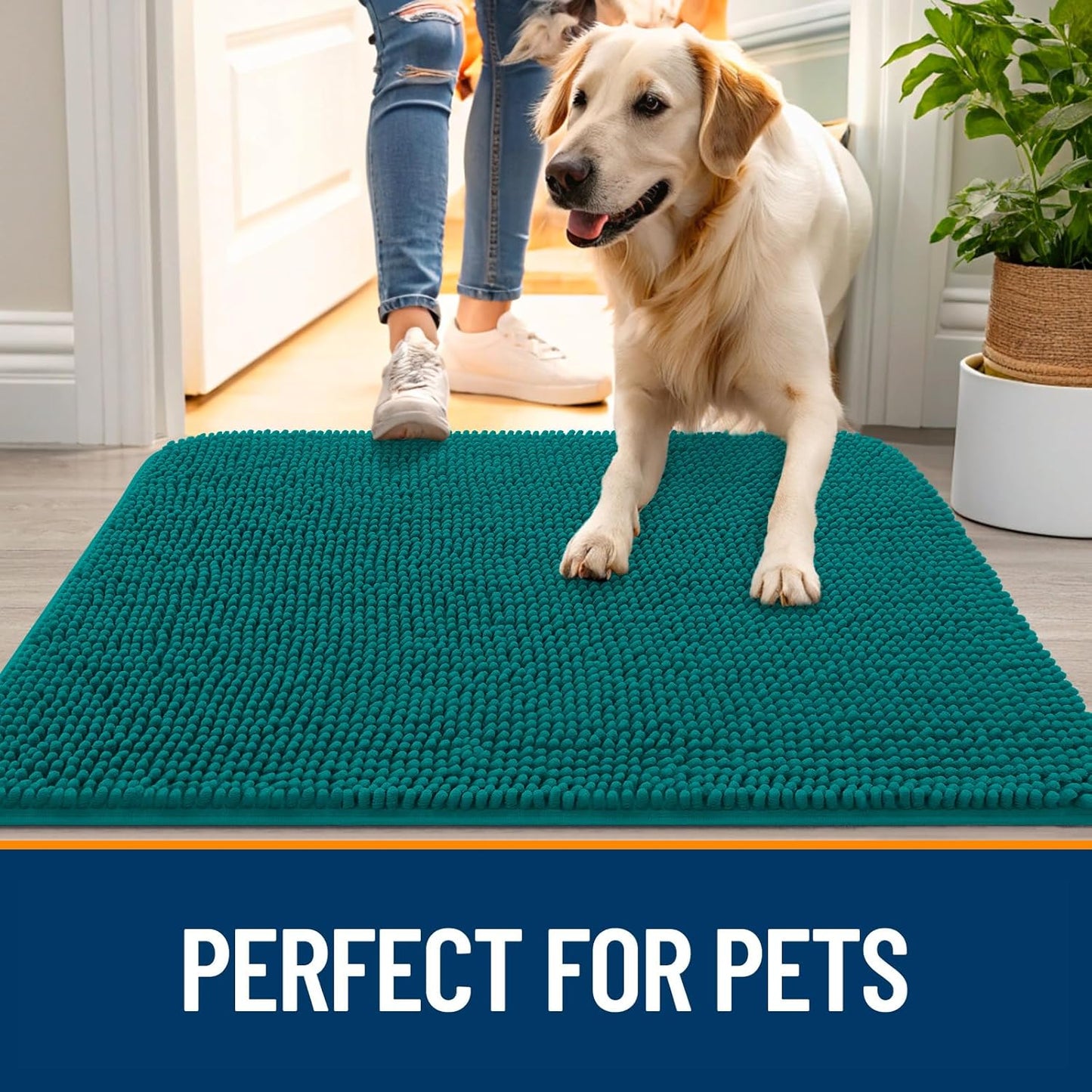 OLANLY Dog Door Mat - Absorbent Non-Slip Chenille Mat for Muddy Paws | 70x24 Inches, Lake Blue
