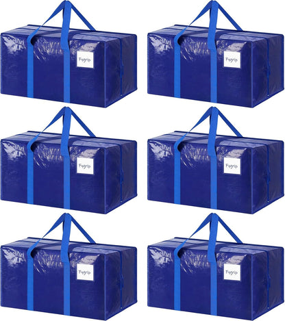 Skiennix Extra Heavy Duty Moving Bags - Large Storage Totes with Strong Zipper & Comfortable Handles | 6 Pack, Blue