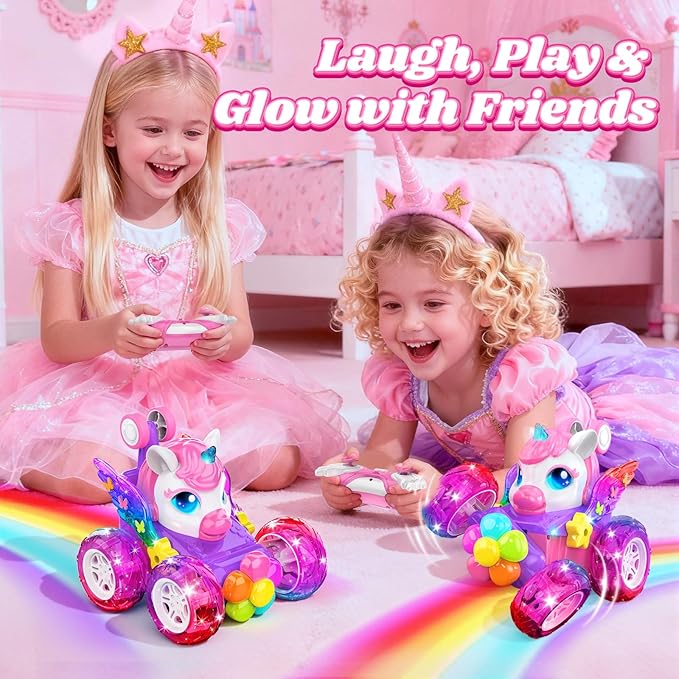 Unicorn RC Cars for Girl Toys with Glowling Crystal Wings &ampEyes Lights360°Rotation Remote Control Car Unicorn Stunt Car Birthday Gifts Easter Basket Stuffers for 3 4 5 6 7 8 9 10 Year Old Girls