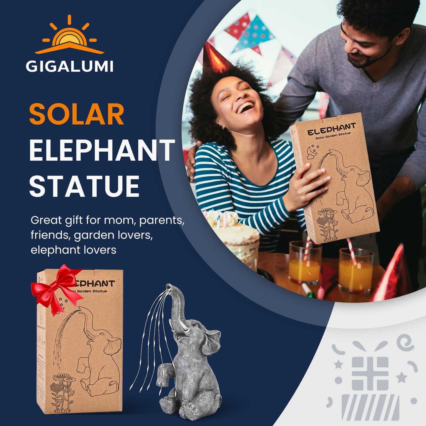 GIGALUMI Solar Garden Decor Watering Elephant Statues Outdoor, Birthday Gifts for Women Mom Grandma Senior Elder, Elephant Ornament for Balcony, Garden, Patio, Yard, Lawn (Constant Lights Only)