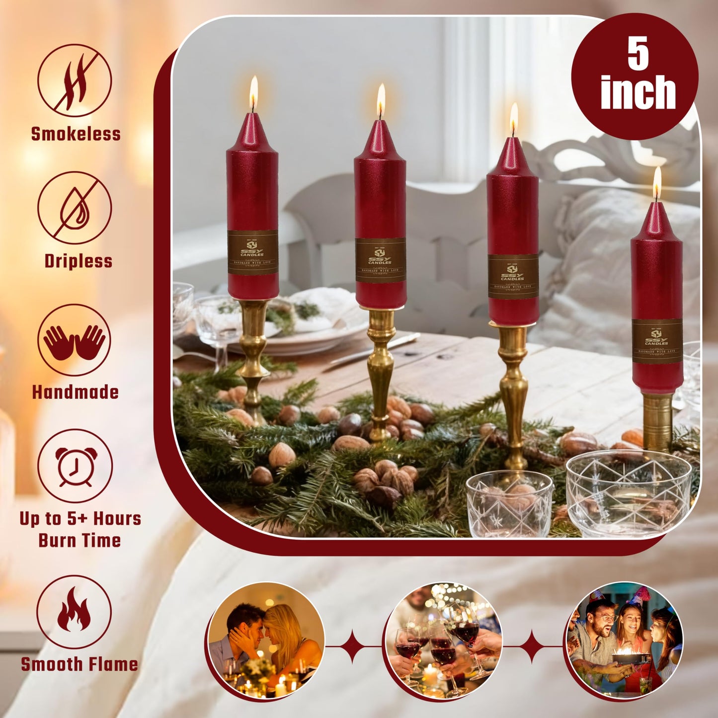 Christmas Metallic Red Candle 5 Inch Short Smokeless Taper Candles 4 Pack Unscented Dinner Candle for Christmas Dinner
