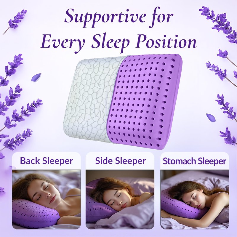 OMEO 2 Pack Lavender Cooling Memory Foam Bed Rest Pillows, Ventilated Memory Foam Cooling Pillow for Stomach, Back and Side Sleeper Support, Washable Removable Cover Sleeping Pillows, 24" x 16"