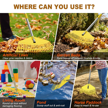 Leaf Rake - 16.5" Wide Nylon Plastic Head,65" Adjustable Handle,Heavy Duty for Leaves,Grass,Pine Needle,Mulch, Small Debris,Lawn-Friendly Tines,Lightweight for Women,Seniors & Kids