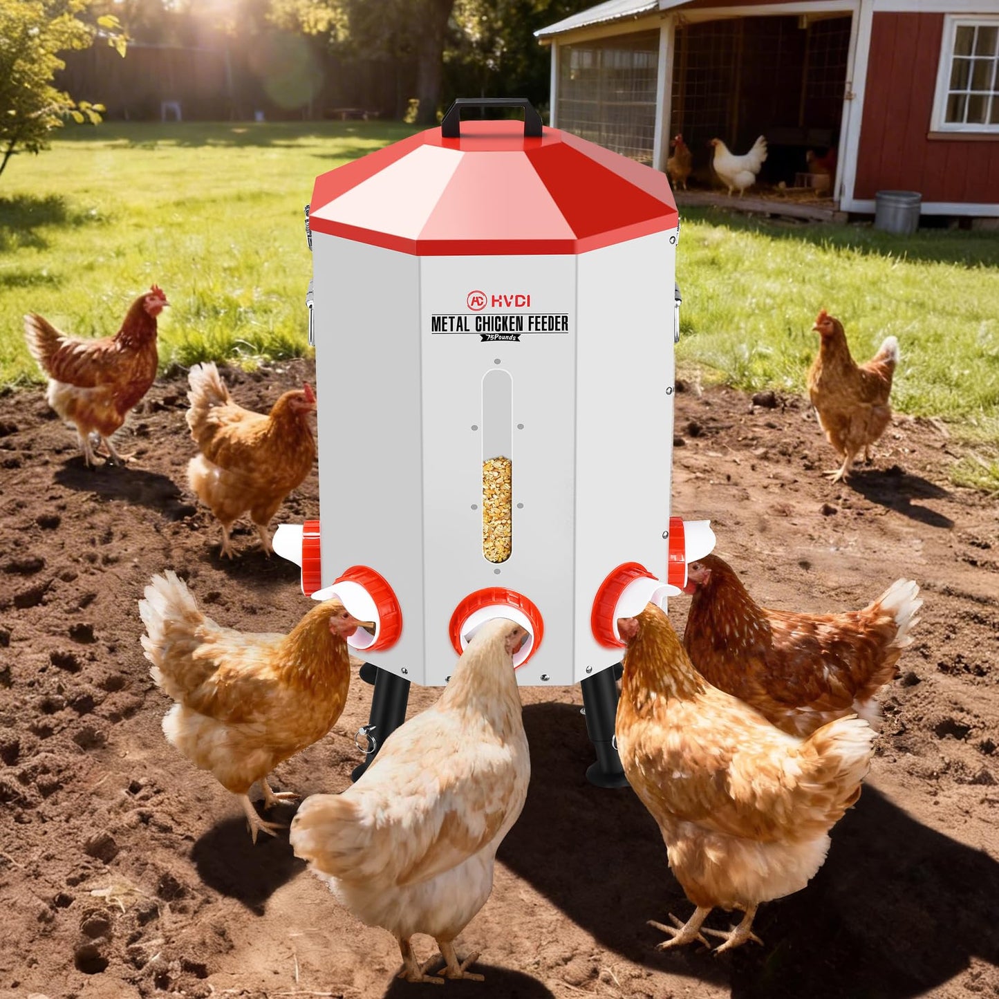 70lbs - 80lbs Large Automatic Chicken Feeder, Adjustable Stand, 8 Feeding Ports, Viewing Window, Sloped Roof Rain Protection Design