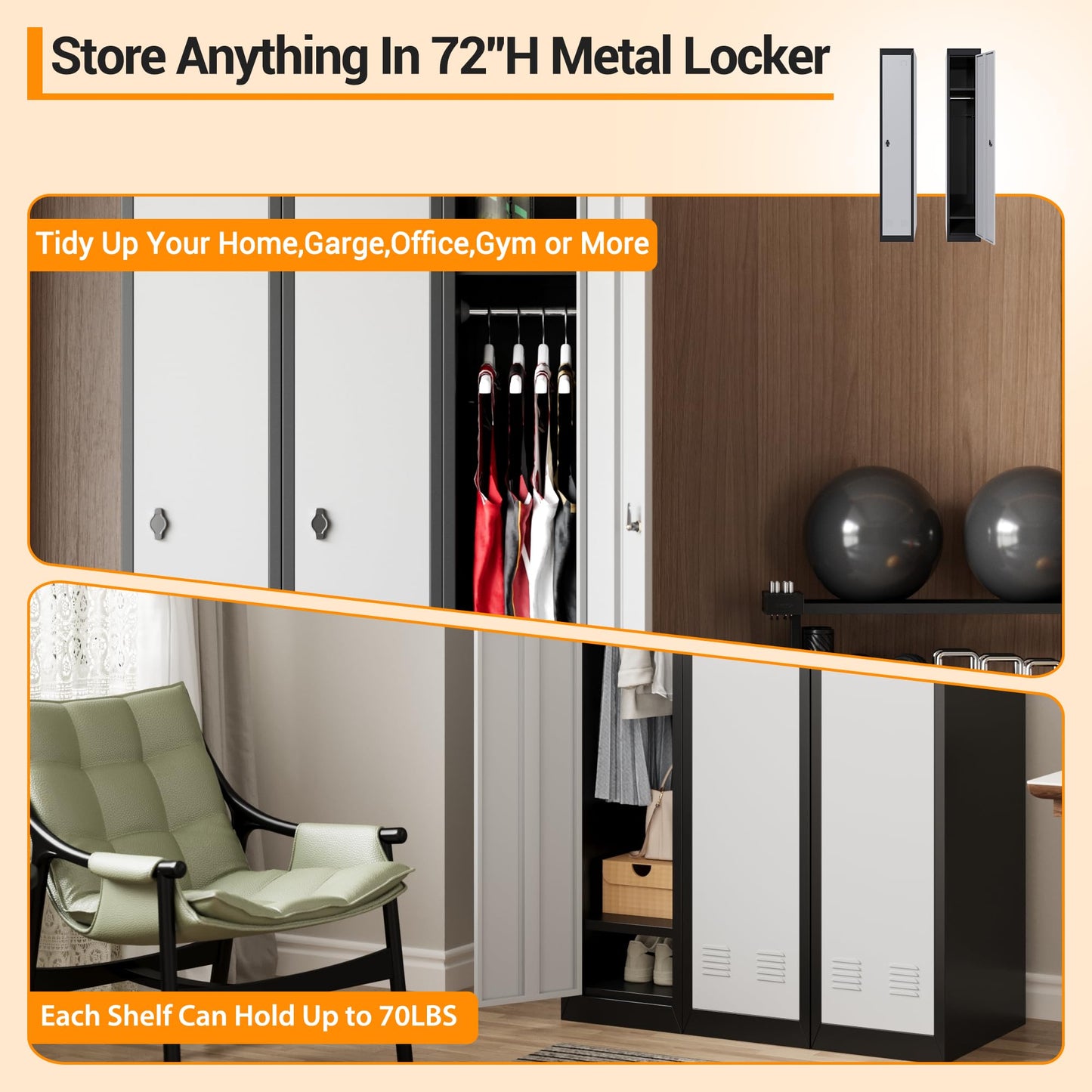 Metal Storage, Locker with 1 Door and 1 Shelf, Storage Cabinet for Gym, School and Office, Gray.