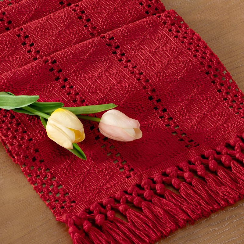 Socomi Boho Table Runner Easter Spring Farmhouse Rustic Dining Kitchen Centerpiece Decor Small Macrame Woven Cotton Linen Coffee Table Runner for Dresser Scarf Home Decor 12x60 in Red
