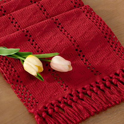 Socomi Boho Table Runner Easter Spring Farmhouse Rustic Dining Kitchen Centerpiece Decor Small Macrame Woven Cotton Linen Coffee Table Runner for Dresser Scarf Home Decor 12x36 in Red