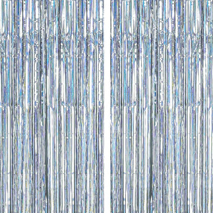 PartyWoo Foil Fringe Curtains Silver, 2 pcs 3.3x6.6 ft Silver Streamers, Fringe Backdrop, Tinsel Backdrop, Tinsel Curtain, Metallic Door Shimmer, Birthday Party Streamers, Christmas Decorations