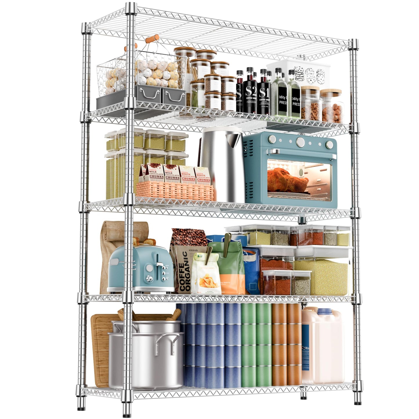 M MZG 1750LBS 47.2" W 5 Tiers Shelf Steel Storage Shelves Metal Shelving Unit Steel Organizer Wire Rack for Home,Kitchen,Office,Garage Chrome 17.7" D x 47.2" W x 72.4" H