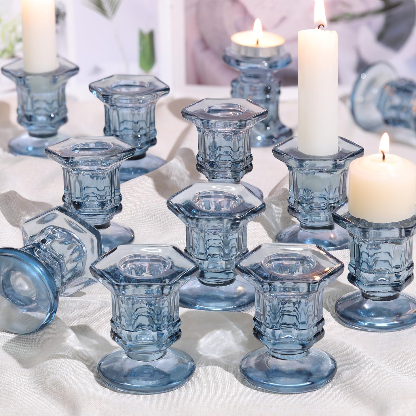 Lanttu 12 Pcs Blue Candlestick Holders Bulk, Glass Candle Holders Set,Crystal Taper Candle Holder for Wedding, Table Centerpiece, Home Decoration