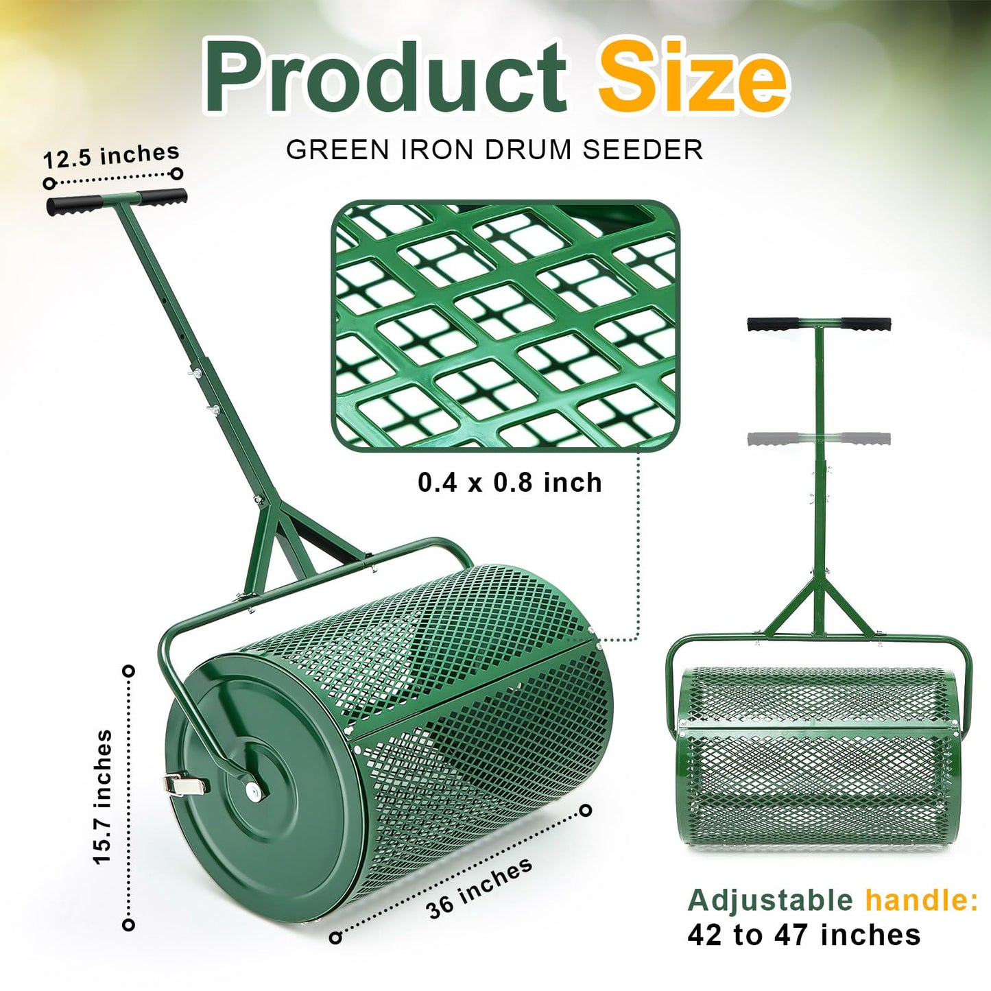 Hiboom 36 Inch Compost Spreader, Peat Moss Spreader, Manure Roller with Adjustable T Shaped Handle, Lightweight Metal Mesh for Lawn Garden Spreading Manure Topsoil (Green)