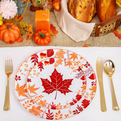 Liacere 150PCS Thanksgiving Plastic Plates- Include 30 Dinner Plates, 30 Dessert Plate,30 Forks, 30 Gold Spoons, 30 Gold Knives Perfect for Thanksgiving＆ Fall Plates