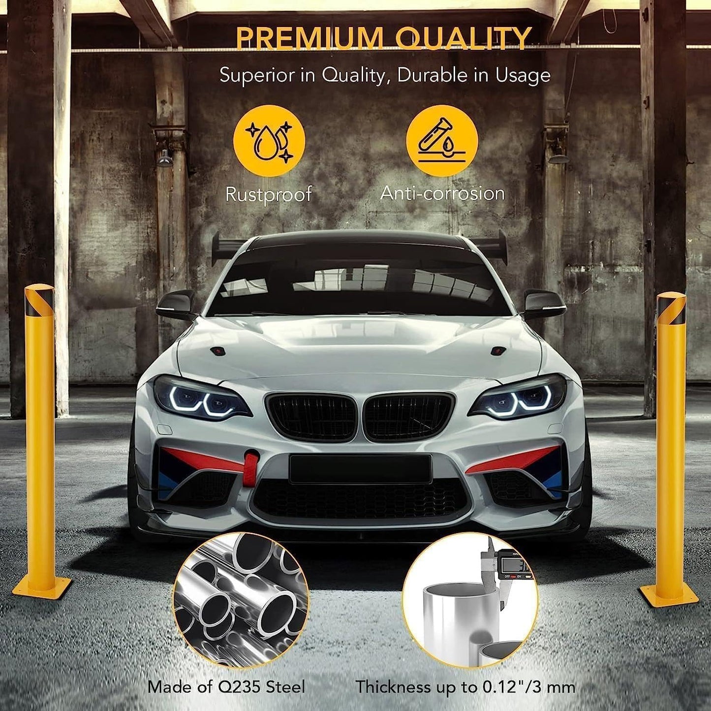 4-Pack 48 Inch Steel Safety Bollards, 4.5 Inch Diameter Parking Bollard Post with 16 Anchor Bolts, Yellow Safety Steel Bollard Post for Driveway Barrier, Traffic Control & Storefront Protection