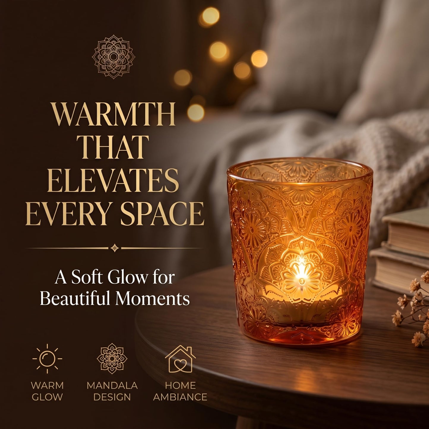 12 Pack Mandala Embossed Glass Candle Holders – Votive Tealight Holders with Patent Design, Decorative Embossed Glass Cups for Wedding Centerpieces, Parties, and Home Décor (Pumpkin Spice)