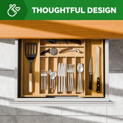 Simple Trending Bamboo Kitchen Drawer Organizer, Expandable Silverware Organizer, Utensil Cutlery Tray for Flatware, Natural